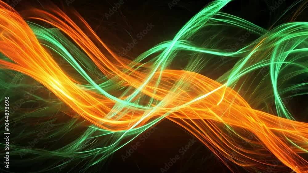 Poster vibrant light patterns in orange, green, and turquoise against a black background creating a mesmeri