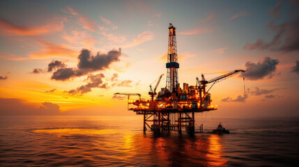 Fototapeta premium Oil platform at dusk with industrial lights illuminating ocean. vibrant sunset creates stunning backdrop, highlighting structures silhouette against colorful sky