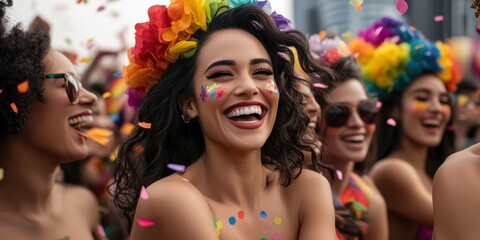 Obraz premium Joyful dancers celebrating on a vibrant pride float in colorful parade