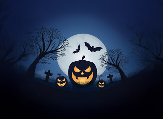 A spooky Halloween scene with three jack-o-lanterns and two bats flying under a full moon in a graveyard.