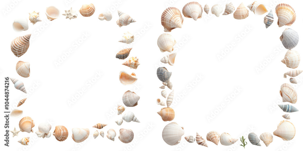 Aufkleber a collection of assorted seashells arranged in two rectangular frames on a black background, highlig