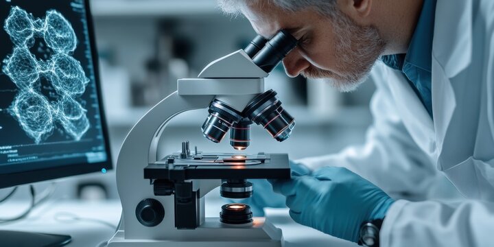 Scientist examining slides under microscope in laboratory on october 20th