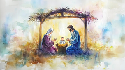 Akwarelowa scena narodzin przedstawiająca Maryję, Józefa i Dzieciątko Jezus w żłobie, otoczoną delikatnymi, pastelowymi barwami. 