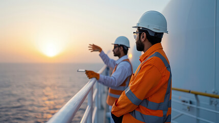 Engineers observing sunset from ship, wearing safety helmets and reflective vests, engaged in discussion about their work. scene conveys sense of teamwork and professionalism