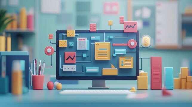 Workflow management icon in a corporate setting, 3D design, flat design, front view, business strategy theme, animation, vivid