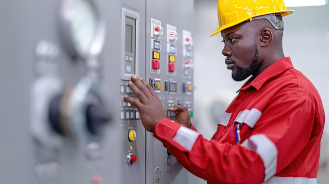 petrochemical engineer in red uniform and yellow hard hat is focused on inspecting control gauges and panels in industrial setting. His attention to detail reflects importance of safety and precision