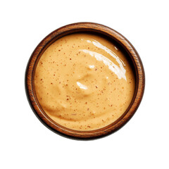 Spicy chipotle mayo sauce in a textured wooden bowl top view isolated on a transparent background 