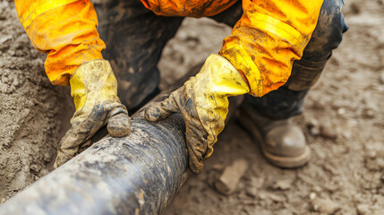 Close-up of a worker in an orange safety jacket and gloves, carefully handling a large pipe in a construction site, with dirt and tools around.