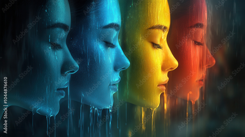 Poster image features series of profiles with vibrant colors and water like effect, creating striking visua