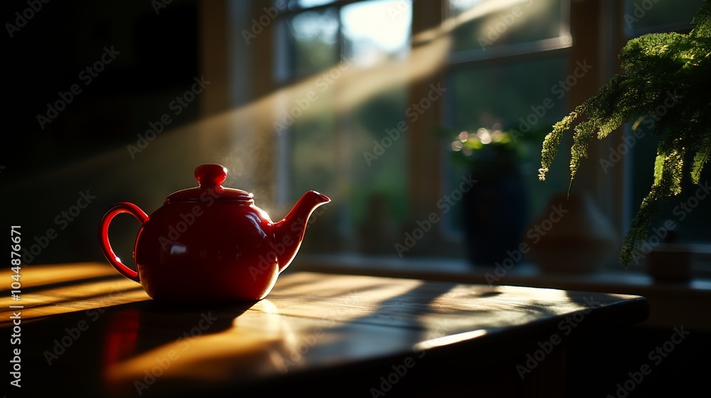 Poster a red teapot sits on a wooden table by a window with sunlight streaming through.
