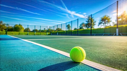 Landscape of a blue and green tennis court with a ball on it on a sunny day, sport, tennis, court, outdoor, recreation, competition