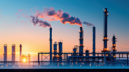 stunning view of petrochemical storage tanks and smokestacks releasing steam and smoke against vibrant sunset sky. industrial landscape showcases energy sectors operations