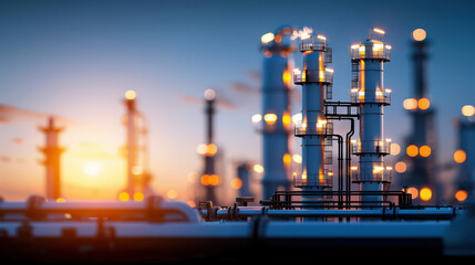 image showcases petrochemical facility with towering structures releasing steam and gas, illuminated against sunset backdrop, creating striking industrial scene