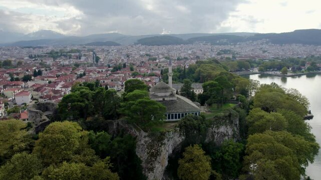 Ioannina Old Town Greece, Aerial POI Shot of Aslan Pasha Mosque in Old City and Pamvotis Lake