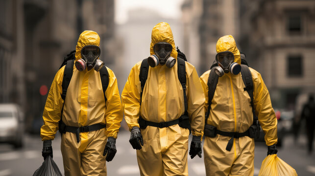 Three workers in yellow protective gear and masks walk confidently through city street, showcasing their commitment to safety and professionalism