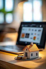Home investment concept with miniature house on desk, laptop displaying financial data, and stacked coins symbolizing real estate growth and savings.