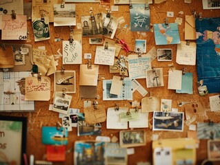 A bulletin board with pinned notes and photos