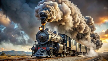 Moving train emitting smoke from front, train, locomotive, smoke, transportation, steam engine, motion, speed, power, engine