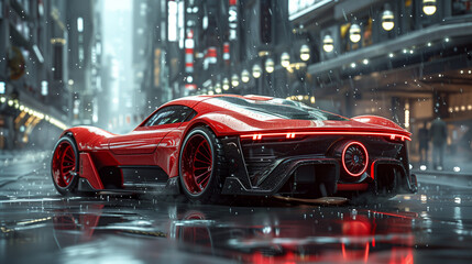 Futuristic red sports car in a rainy city street with neon lights, sleek and modern design