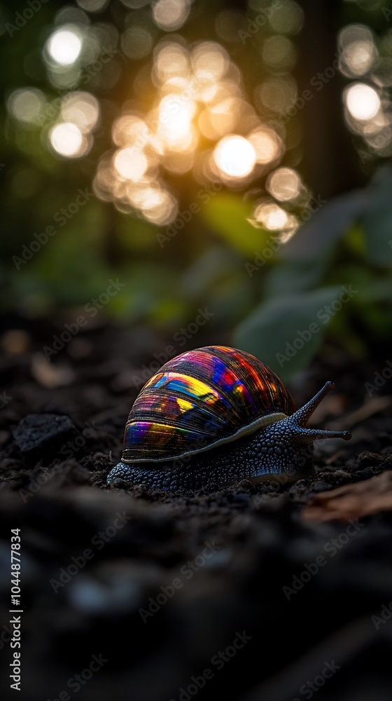 Aufkleber a colorful snail with iridescent shell crawls on the ground in a forest.
