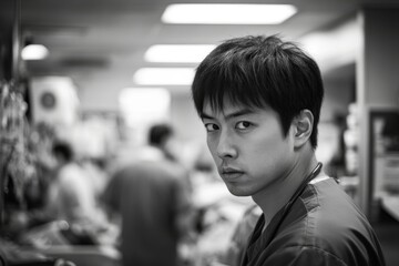 Fototapeta premium Intense portrait of a focused healthcare professional in a busy hospital environment, conveying dedication and determination in black and white.