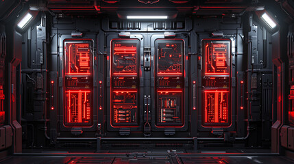 A dark, high-tech server room with red glowing interface panels, sci-fi futuristic design, cybernetic vibe