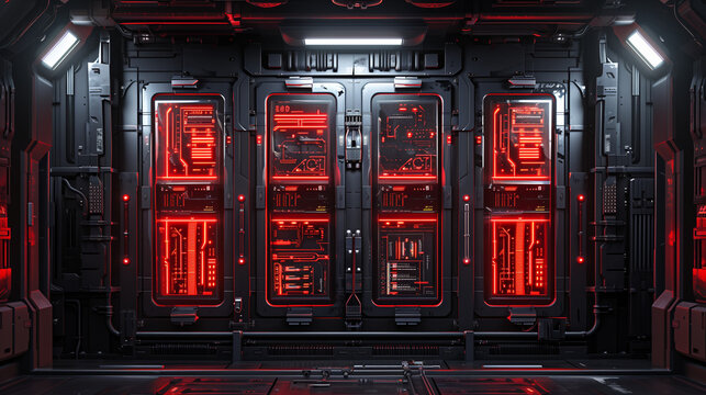 A dark, high-tech server room with red glowing interface panels, sci-fi futuristic design, cybernetic vibe - Powered by Adobe