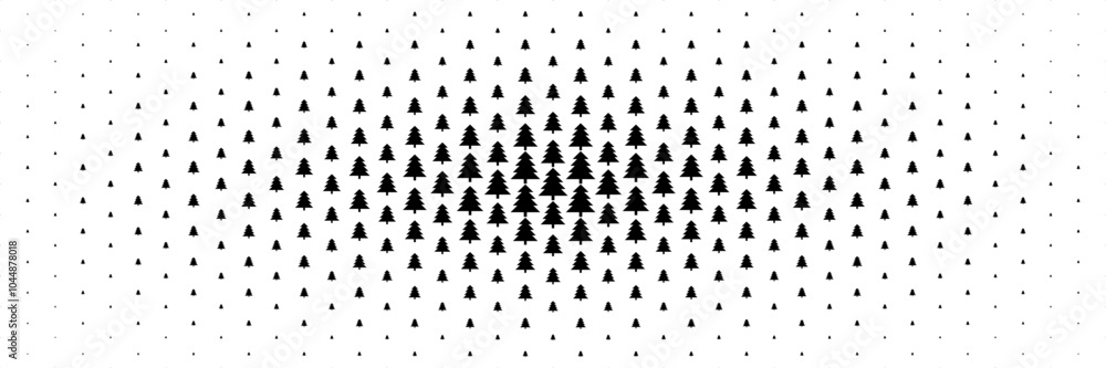 Poster horizontal halftone of black christmas tree spread from center for pattern and background.