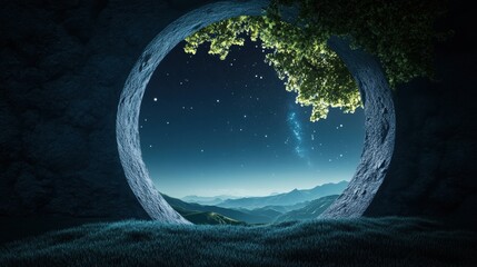 A magical portal opening in the night sky, revealing a fantastical world beyond the stars, a gateway to another dimension.