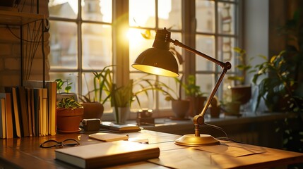 A desk lamp illuminating an office workspace