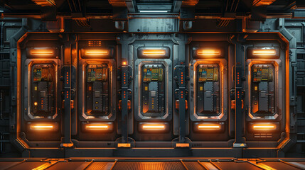 Futuristic sci-fi control panel with orange lights in industrial interior, metallic surfaces