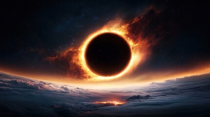 Obraz premium A black hole consuming a galaxy, its gravitational pull warping space and time, creating a surreal spectacle of cosmic destruction.