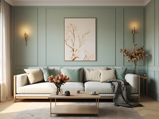 Living room interior in modern and classic styles with wooden panneling, bronze metallic accents and large artwork. Neutral and sage colors interior with wooden wall panels
