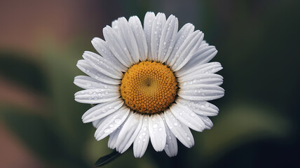 Fototapeta premium Close-up of a fresh white daisy with dewdrops on its petals, showcasing its vibrant yellow center, perfect for nature lovers and floral photography enthusiasts.