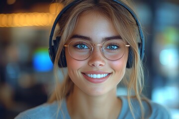 Woman wearing glasses and a headset is smiling. Young customer support agent wearing headset, working in call center, smiling and wearing glasses, professional appearance, call center concept