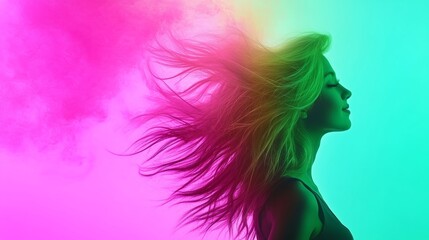 teenage girl, dancing in fluid motion. Vibrant neon pink and green lights merge with her joyful expression, symbolizing youthful energy and spontaneity. unique pose highlights emotion and freedom.