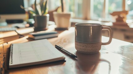 A desk with a planner, pen, and coffee mug