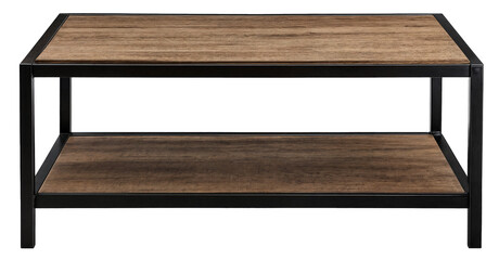 Industrial-style wooden coffee table with black metal frame and lower shelf, isolated on transparent background, modern furniture for living room and home decor