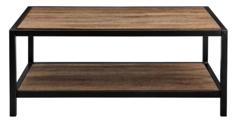 Industrial-style wooden coffee table with black metal frame and lower shelf, isolated on transparent background, modern furniture for living room and home decor