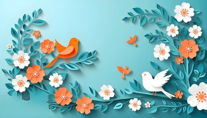 Fototapeta premium Whimsical Lovebirds Nestled Among Paper-Cut Tree Branches in a Romantic Atmosphere