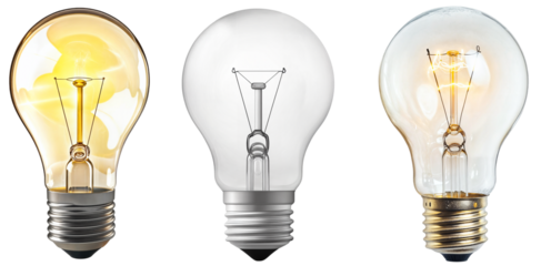Collection of three vintage incandescent light bulbs, isolated on transparent background, glowing and unlit filament bulbs for classic lighting and electrical design concepts