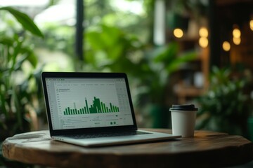 Laptop displaying data analytics graph on a wooden table surrounded by plants and a coffee cup, creating a cozy workspace atmosphere.