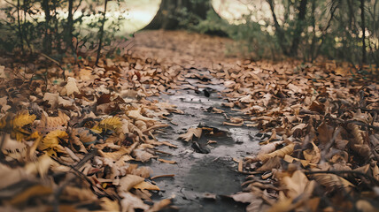 Obraz premium A scenic path covered in autumn leaves, leading through a tranquil forest. Soft sunlight filters through trees, creating a peaceful atmosphere for nature lovers and hikers.