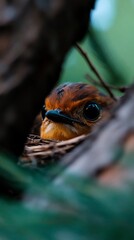 Fototapeta premium A baby bird peeks out from its nest, nestled in a tree.