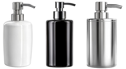 Obraz premium Set of three sleek pump bottles in white, black, and chrome, isolated on transparent background, stylish containers for liquid soap, lotion, or cosmetics packaging