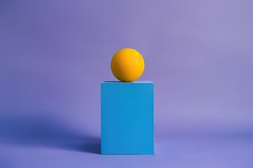 Minimalist plain purple background for product, a yellow sphere on top of a blue cube.