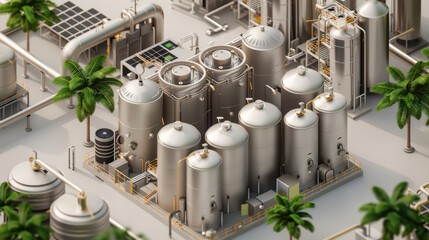 Renewable energy facility featuring large storage tanks and industrial equipment surrounded by palm trees, showcasing modern technology and sustainable practices