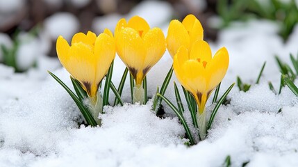 Yellow Crocuses Blooming in Snowy Landscape