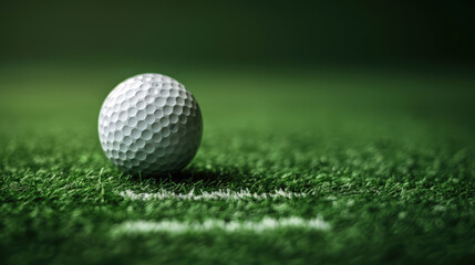 Fototapeta premium close up view of golf ball resting on green turf surface, showcasing its dimples and texture. vibrant green grass contrasts beautifully with white ball, creating serene and focused atmosphere