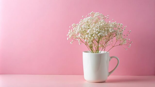 Simple mockup of a white mug with gypsophila flowers on a pink background